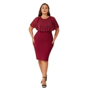 LAPAPLUS Wine Red Bodycon Dress, Elegant Ruched Midi Evening Gown for Women, Party Dress (Sizes 0XL-5XL)