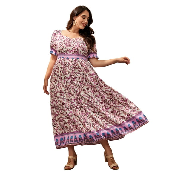 LapaPlus Women Plus Size Dresses Boho Floral Print Short Sleeve Summer Maxi Dress, Sizes XL-6XL