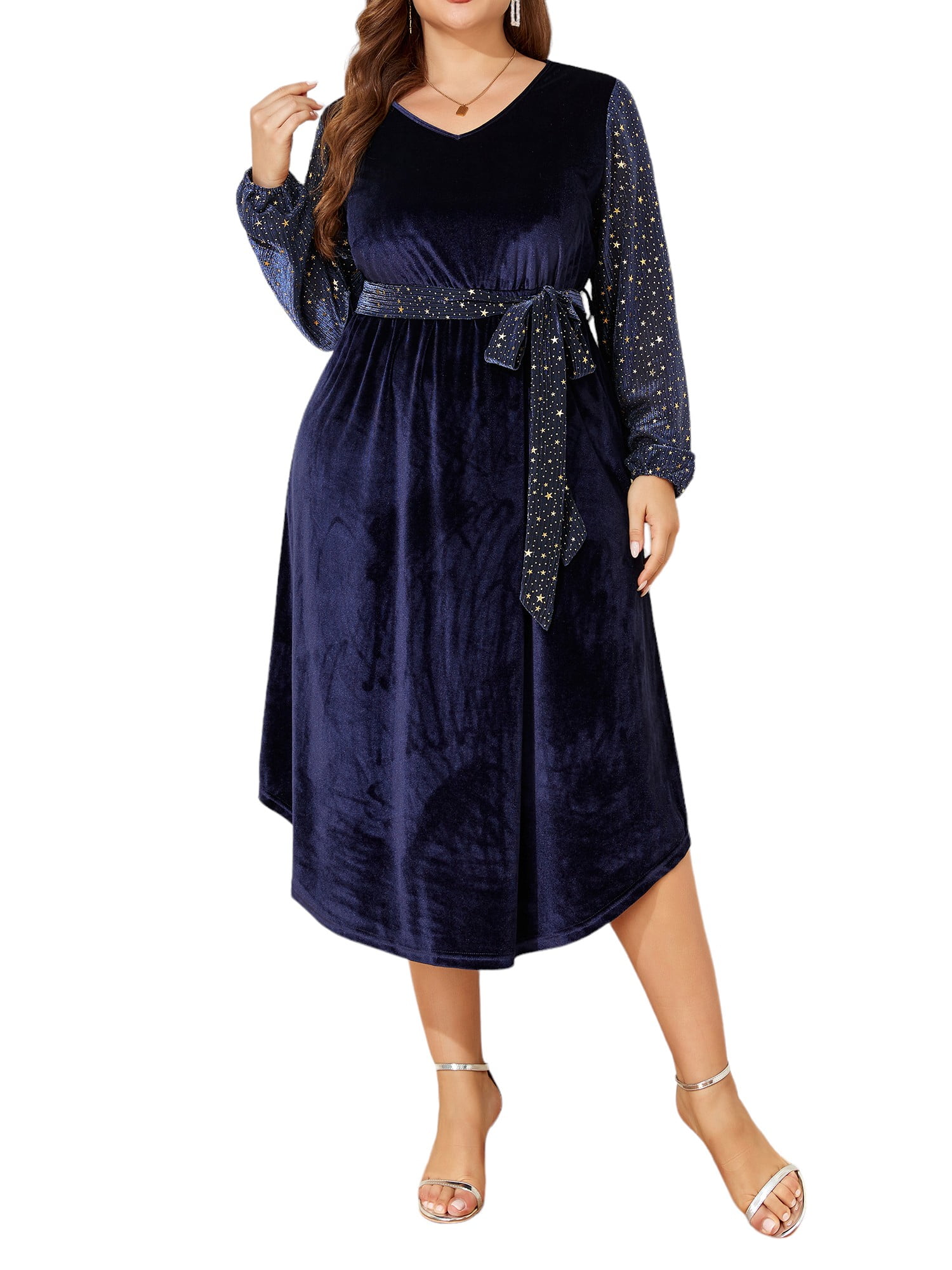 knee length dresses for ladies 【Final Sale】Josie Contrast Mesh Gigot Sleeve Velvet Dress main image 1