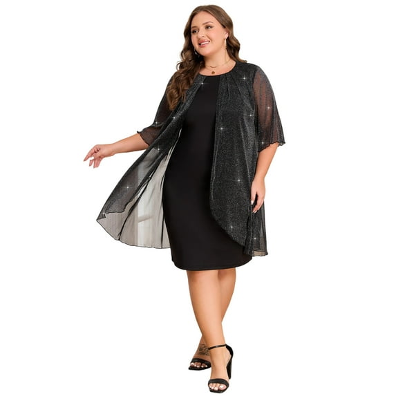 LapaPlus Women Plus Size Evening Gown with Silver Mesh Overlay Cocktail Dress – Elegant Fake Two-Piece Design for Weddings Guest, Prom, Formal Galas 