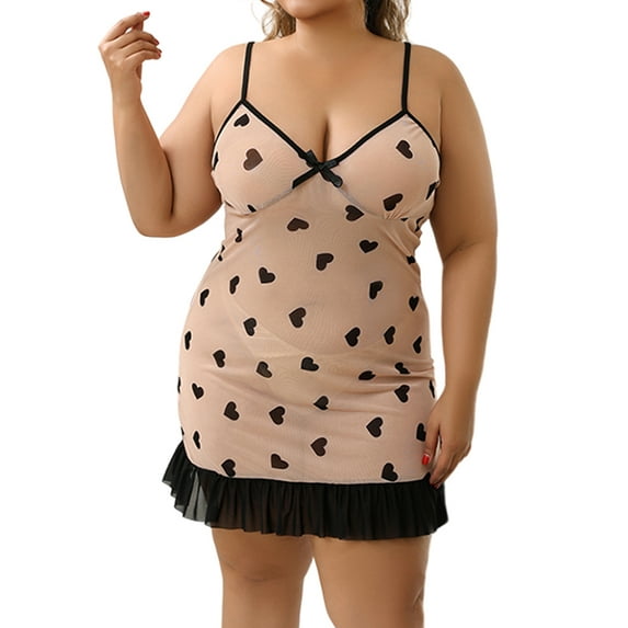 LapaPlus Women Plus Size Lingerie Heart Printed Mesh Babydoll Chemise Sleepwear 3XL