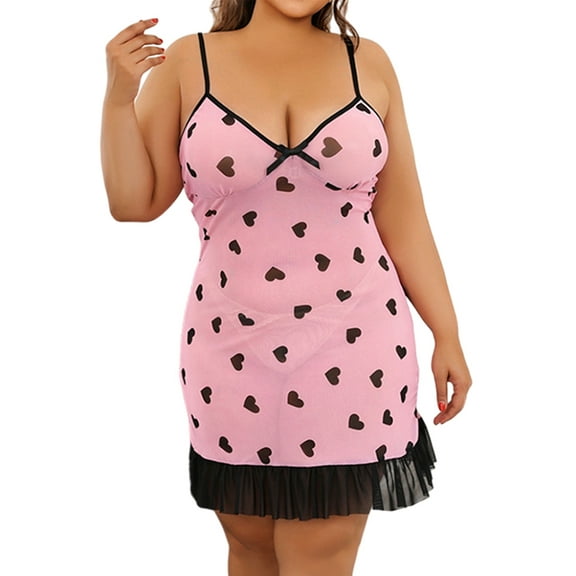 LapaPlus Women Plus Size Lingerie Heart Printed Mesh Babydoll Chemise Sleepwear XL