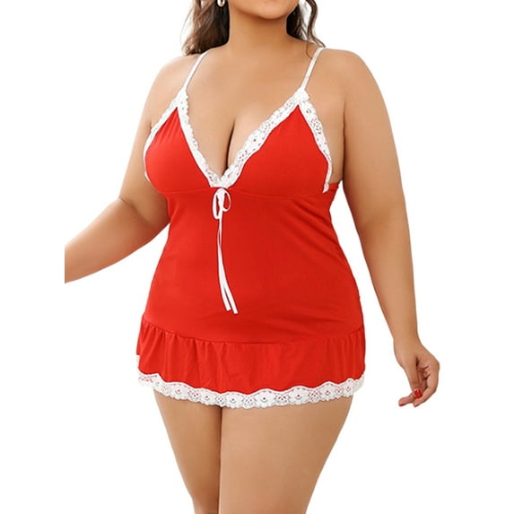 LapaPlus Women Plus Size Lingerie Lace Trim Sleepwear Nightdress, XL-5XL Red