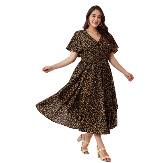 LapaPlus Women Plus Size Summer Dress 2025 Boho Floral Midi Dress with Pockets for Beach Wedding, Vacation