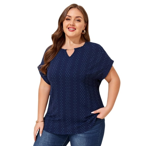 LapaPlus Plus Size Tops for Women Summer Short Sleeve Jacquard Casual Tunic Blouse, Navy Blue 1XL-6XL
