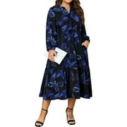LapaPlus Womens Plus Size Dresses Butterfly Print Lantern Long Sleeve Pleated A-Line Midi Dresses with Pockets