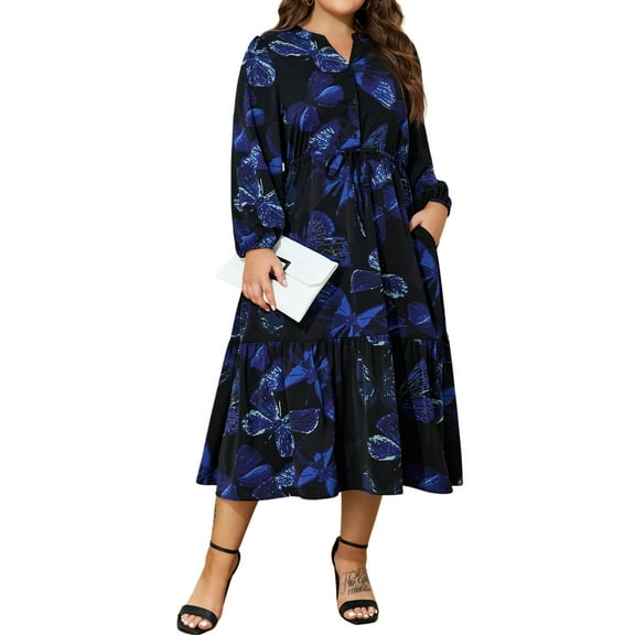 LapaPlus Womens Plus Size Dresses Butterfly Print Lantern Long Sleeve Pleated A-Line Midi Dresses with Pockets