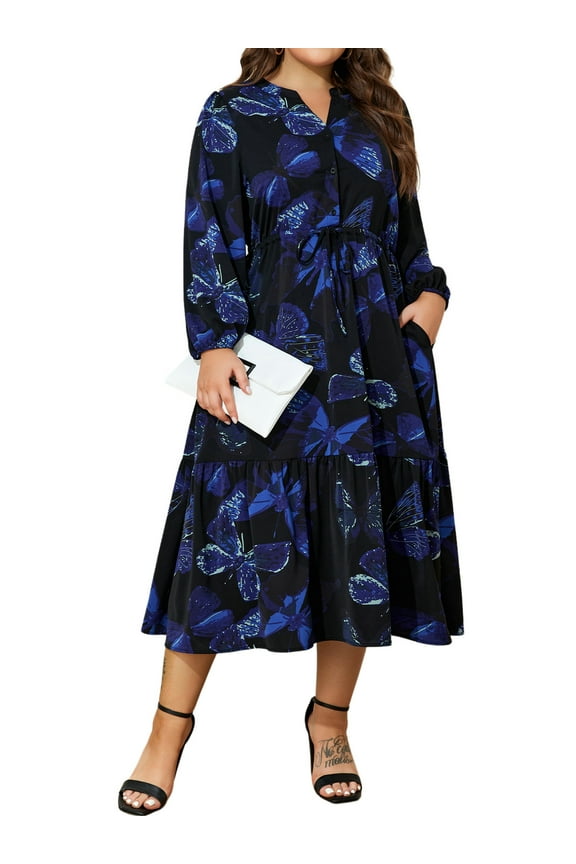 Womens Plus Size Dresses Butterfly Print Lantern Long Sleeve Pleated A-Line Midi Dresses with Pockets