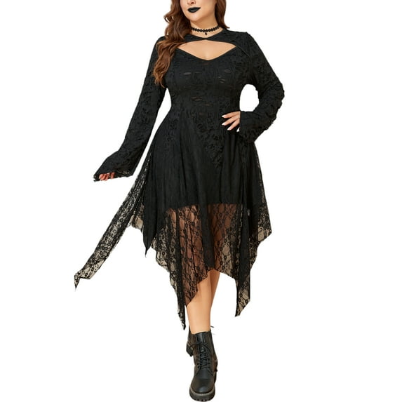 LapaPlus Womens Plus Size Dresses Gothic Lace Long Sleeve Irregular Vintage Cocktail Party Fancy Dresses