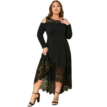 LapaPlus Womens Plus Size Dresses Mesh Lace Long Sleeve Irregular Hem Evening Party A-Line Dress