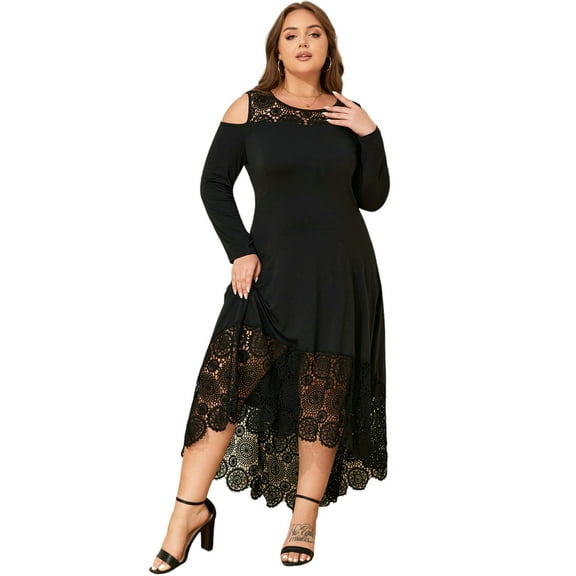 LapaPlus Womens Plus Size Dresses Mesh Lace Long Sleeve Irregular Hem Evening Party A-Line Dress