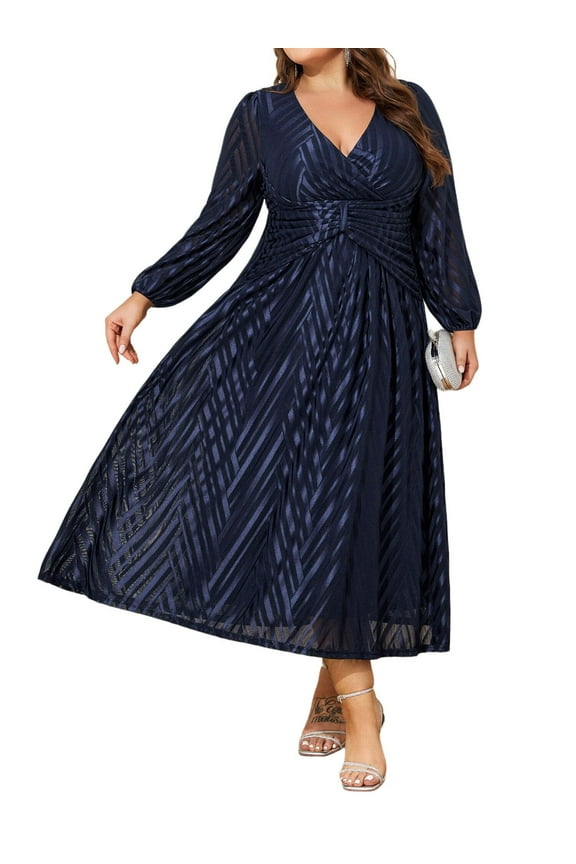 LapaPlus Womens Plus Size Elegant Midi Long Sleeve Jacquard Mesh Evening Party Formal Dress