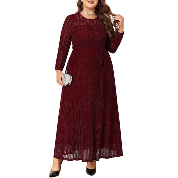 LapaPlus Womens Plus Size Elegant Midi Long Sleeve Jacquard Mesh Evening Party Formal Dress