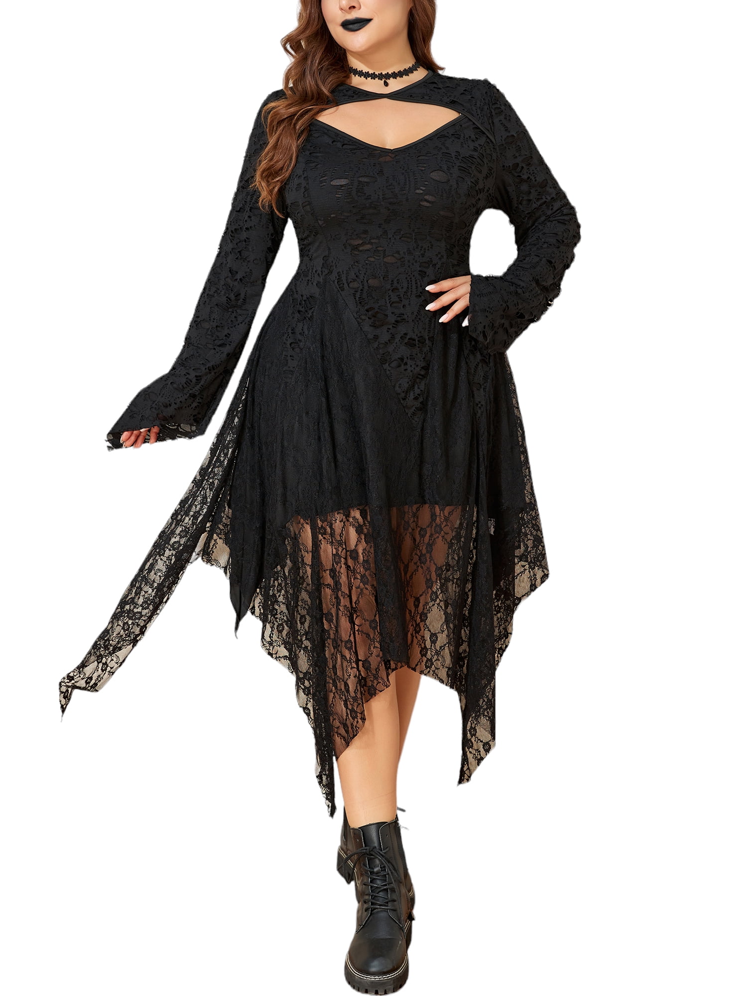 LapaPlus Womens Plus Size Gothic Halloween Costumes Lace Long Sleeve