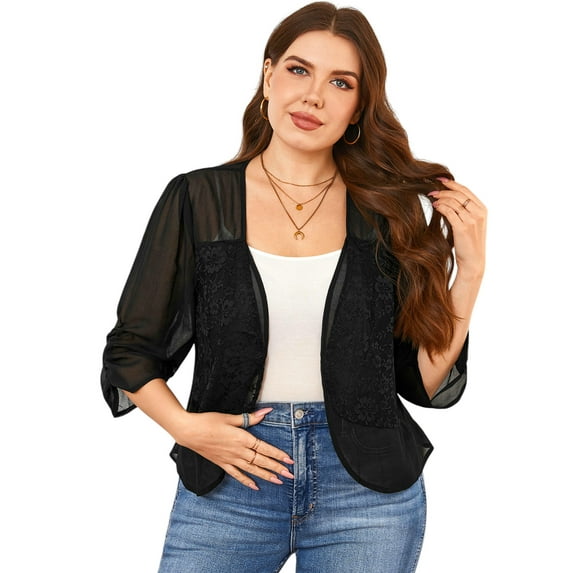 LapaPlus Womens Plus Size Tops Chiffon Breathable Lace Stitching Half Sleeve Open Front Cardigan Blouses