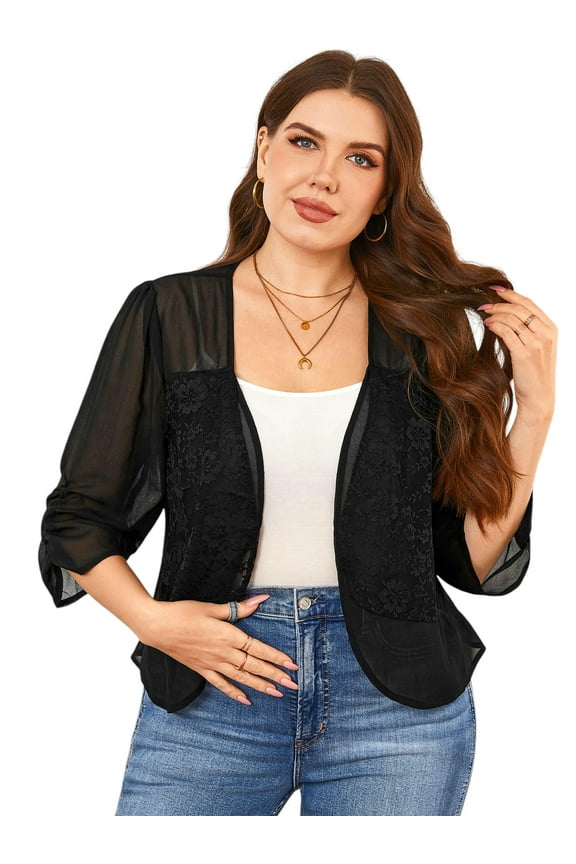Womens Plus Size Tops Chiffon Breathable Lace Stitching Half Sleeve Open Front Cardigan Blouses