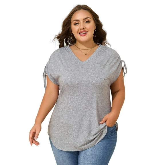 LapaPlus XL-6XL Plus Size Tops Short Sleeve V Neck Pocket Blouse T-shirt for Women