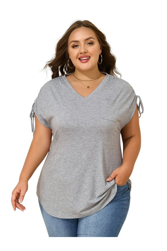XL-6XL Plus Size Tops Short Sleeve V Neck Pocket Blouse T-shirt for Women