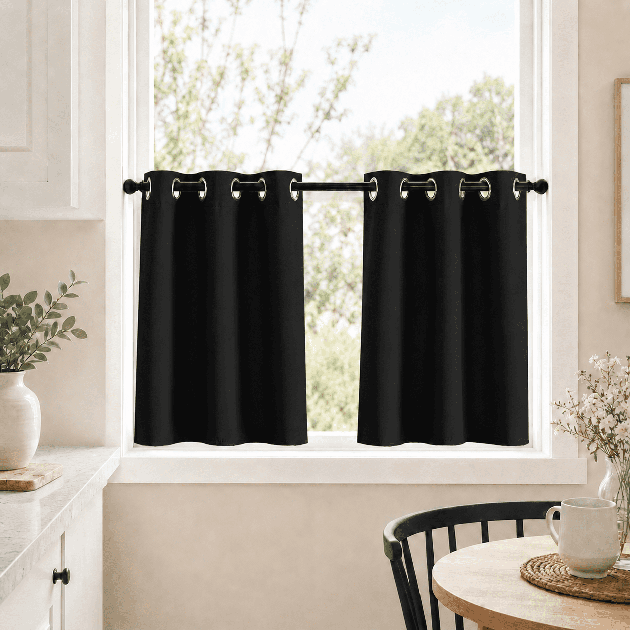 Lapalife 2 Panel Blackout Kitchen Curtains, Grommet Short Window Curtains for Kitchen Bathroom Cafe, Black, 33"x 36"
