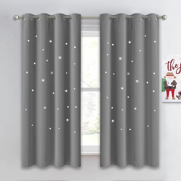 Lapalife 2 Panels Blackout Twinkle Star Curtains for Kids Room, Cut Out Stars Room Darkening Curtains for Baby's Nursery, 52"x 63", Gray