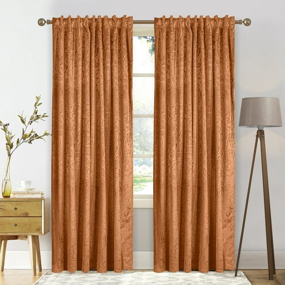 Lapalife 2 Panels Blackout Velvet Curtains, Scroll Floral Pattern Rod Pocket Thermal Insulated Velvet Curtain Drapes for Living Room, 52"x 84", Orange