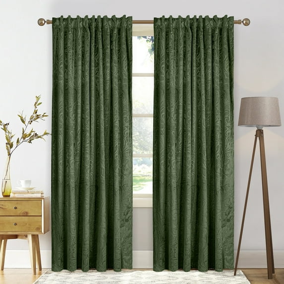 Lapalife 2 Panels Blackout Velvet Curtains, Scroll Floral Pattern Rod Pocket Thermal Insulated Velvet Curtain Drapes for Living Room, 52"x 84", Green