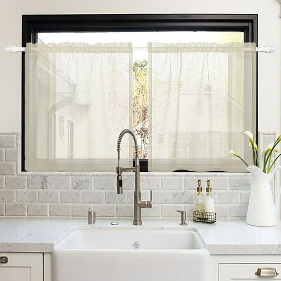 Lapalife 2 Panels Sheer Kitchen Curtains 24 inch Length Tier Curtains Rod Pocket Cafe Curtains Half Window Curtain for Bathroom Small Windows, Beige