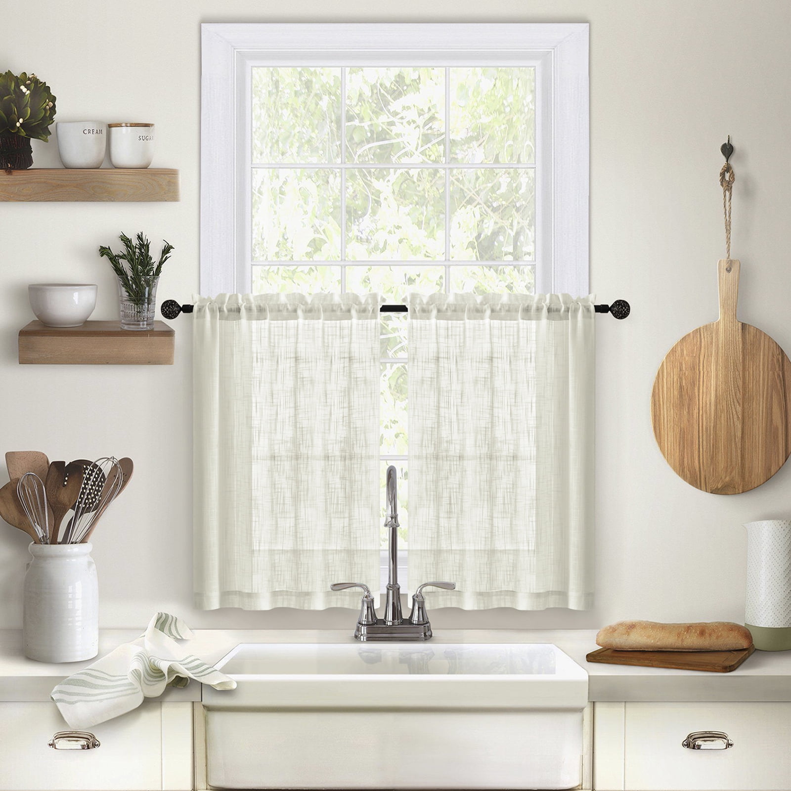 Lapalife 2 Panels Short Sheer Curtains, Rod Pocket Farmhouse Kitchen Curtains Cafe Curtains for Small Windows, Short Sheer Tier Curtains for Kitchen, Cafe, 25"x 30", Ivory