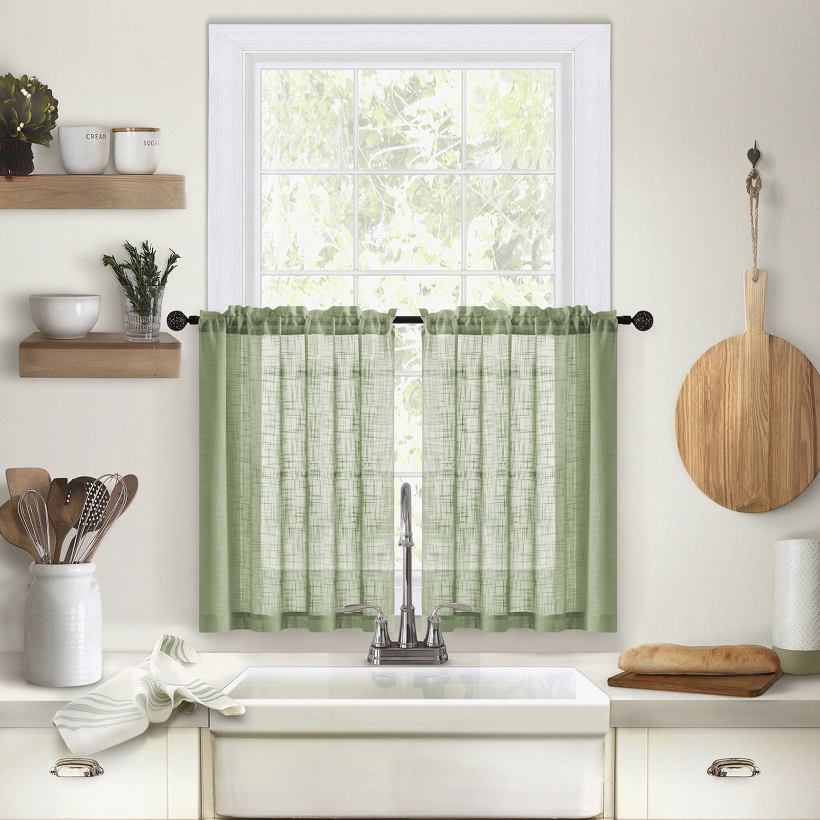 Lapalife 2 Panels Short Sheer Curtains, Rod Pocket Farmhouse Kitchen Curtains Cafe Curtains for Small Windows, Short Sheer Tier Curtains for Kitchen, Cafe, 25"x 25", Sage Green