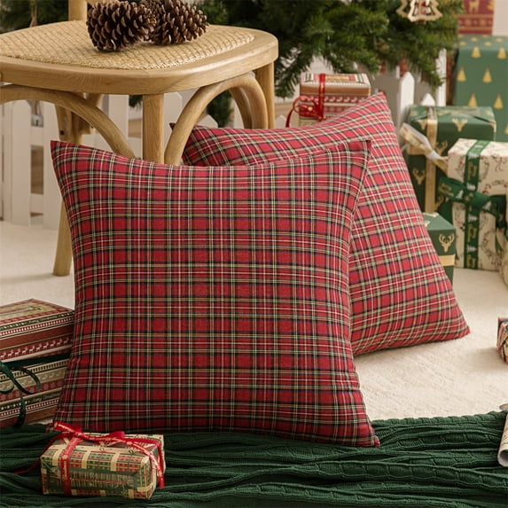 Lapalife 2PCS Square Christmas Pillow Covers 18 x 18 Inches Scottish Tartan Plaid Cushion Cover Throw Pillow Case Home Decoration