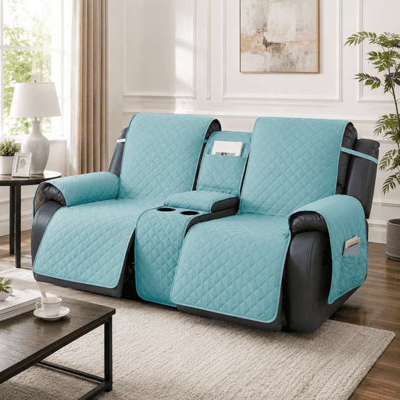 Lapalife 4 Pieces Waterproof Quilted 2-Seat Recliner Slipcover with Console, Non-Slip Reclining Couch Covers for Double Recliner, Furniture Protector for Dogs/Pets with Storage Pockets, Blue