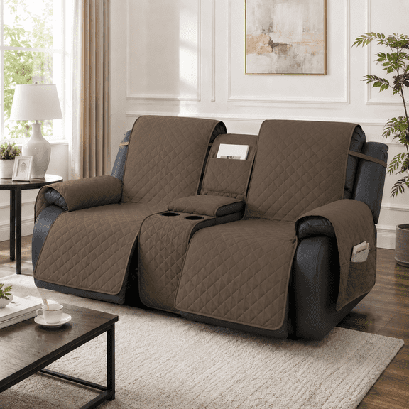 Lapalife 4 Pieces Waterproof Quilted 2-Seat Recliner Slipcover with Console, Non-Slip Reclining Couch Covers for Double Recliner, Furniture Protector for Dogs/Pets with Storage Pockets, Brown