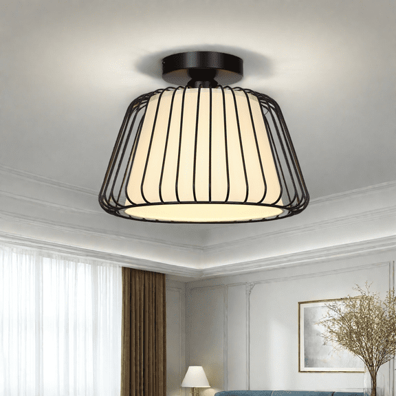 Lapalife Black Semi Flush Mount Ceiling Light Fixture, Industrial Metal Cage with White Fabric Shade Close to Ceiling Lights for Hallway, Kitchen, Dining Room, Bedroom