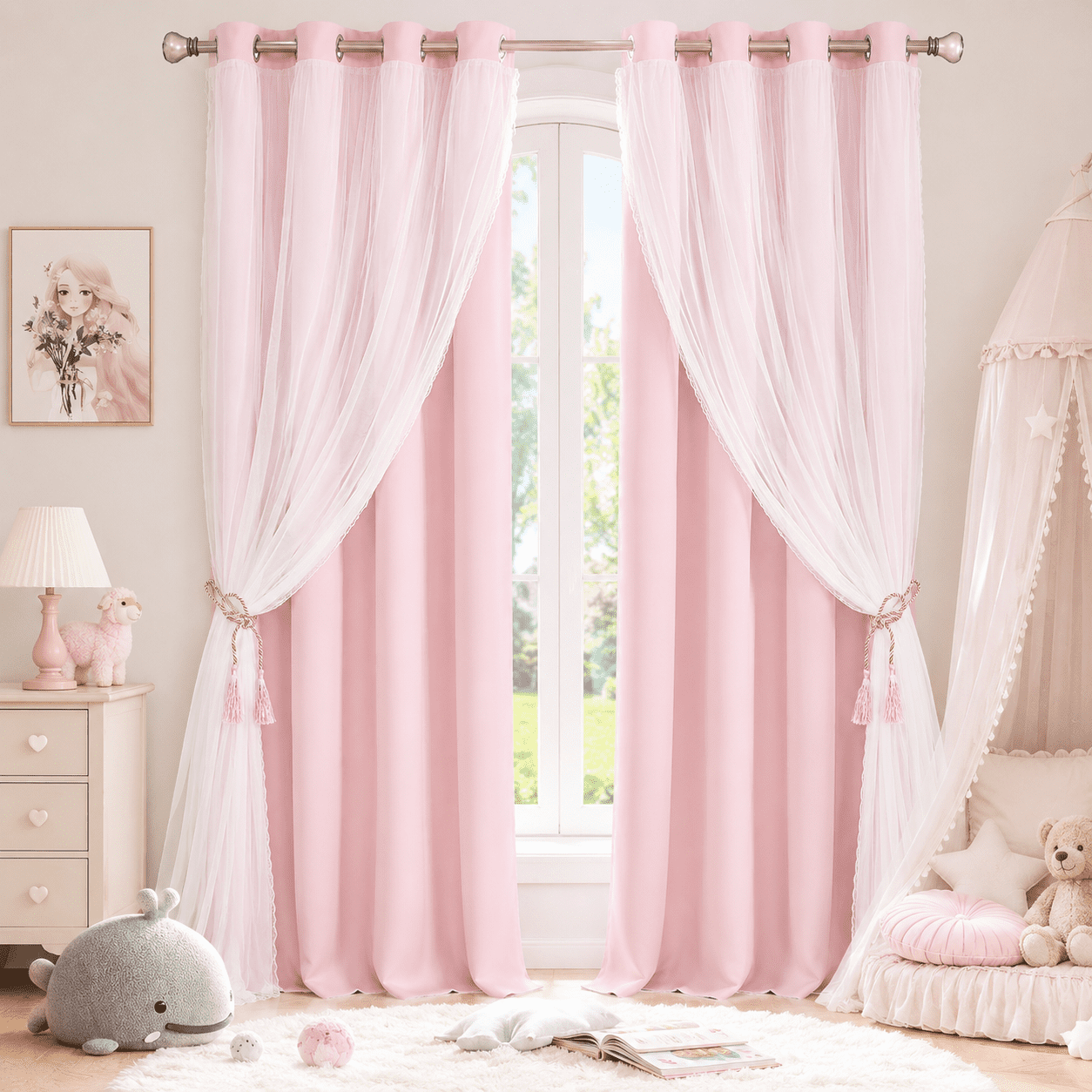 Lapalife Blackout Double Layer Curtains 63inches with Sheer Thermal Insulated Grommet Window Panel for Nursery Bedroom Living Room, 1 Panel
