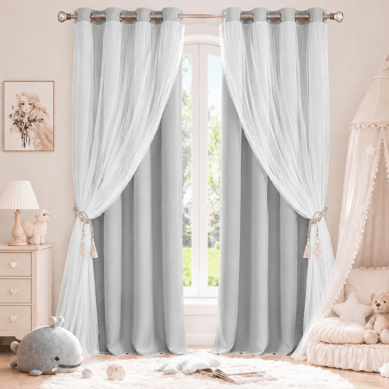 Lapalife Blackout Double Layer Curtains 63inches with Sheer Thermal Insulated Grommet Window Panel for Nursery Bedroom Living Room, 1 Panel