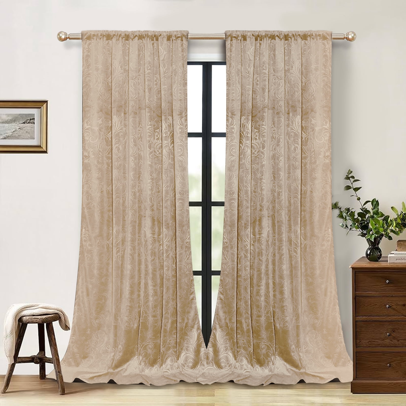Lapalife Blackout Velvet Curtains, Scroll Floral Pattern Rod Pocket Thermal Insulated Velvet Curtain Drapes for Living Room, 2 Panels, 52"x 108", Beige