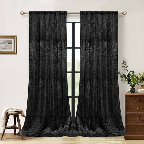 Lapalife Blackout Velvet Curtains, Scroll Floral Pattern Rod Pocket Thermal Insulated Velvet Curtain Drapes for Living Room, 2 Panels, 52"x 108", Black