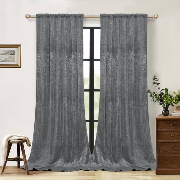 Lapalife Blackout Velvet Curtains, Scroll Floral Pattern Rod Pocket Thermal Insulated Velvet Curtain Drapes for Living Room, 2 Panels, 52"x 120", Gray