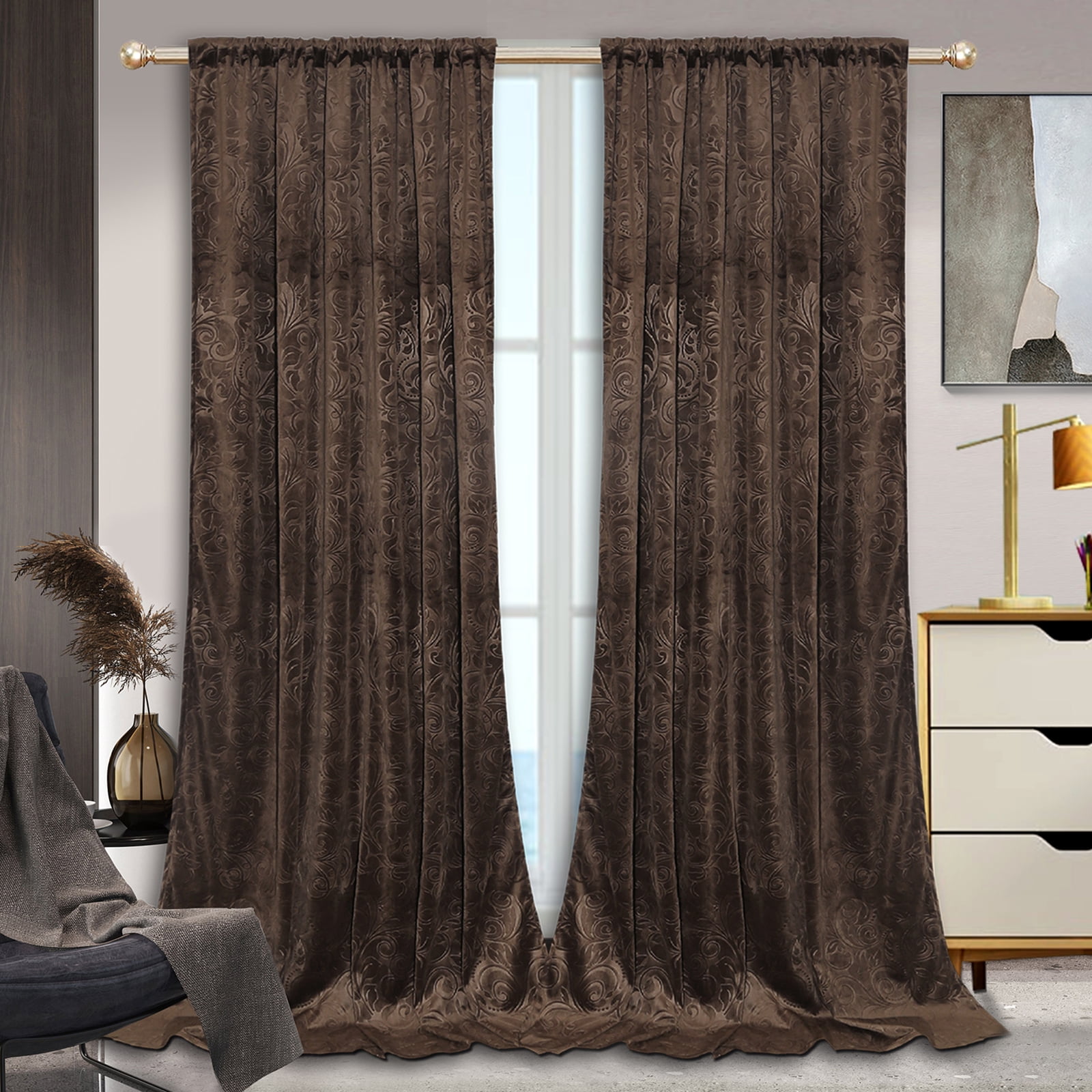 Lapalife Blackout Velvet Curtains, Scroll Floral Pattern Rod Pocket Thermal Insulated Velvet Curtain Drapes for Living Room, 2 Panels, 52"x 72", Toffee Brown
