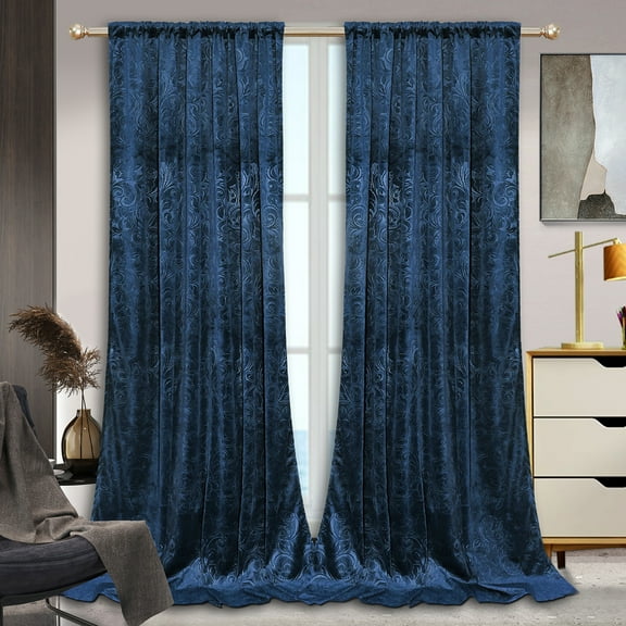 Lapalife Blackout Velvet Curtains, Scroll Floral Pattern Rod Pocket Thermal Insulated Velvet Curtain Drapes for Living Room, 2 Panels, 52"x 84", Nightfall Navy