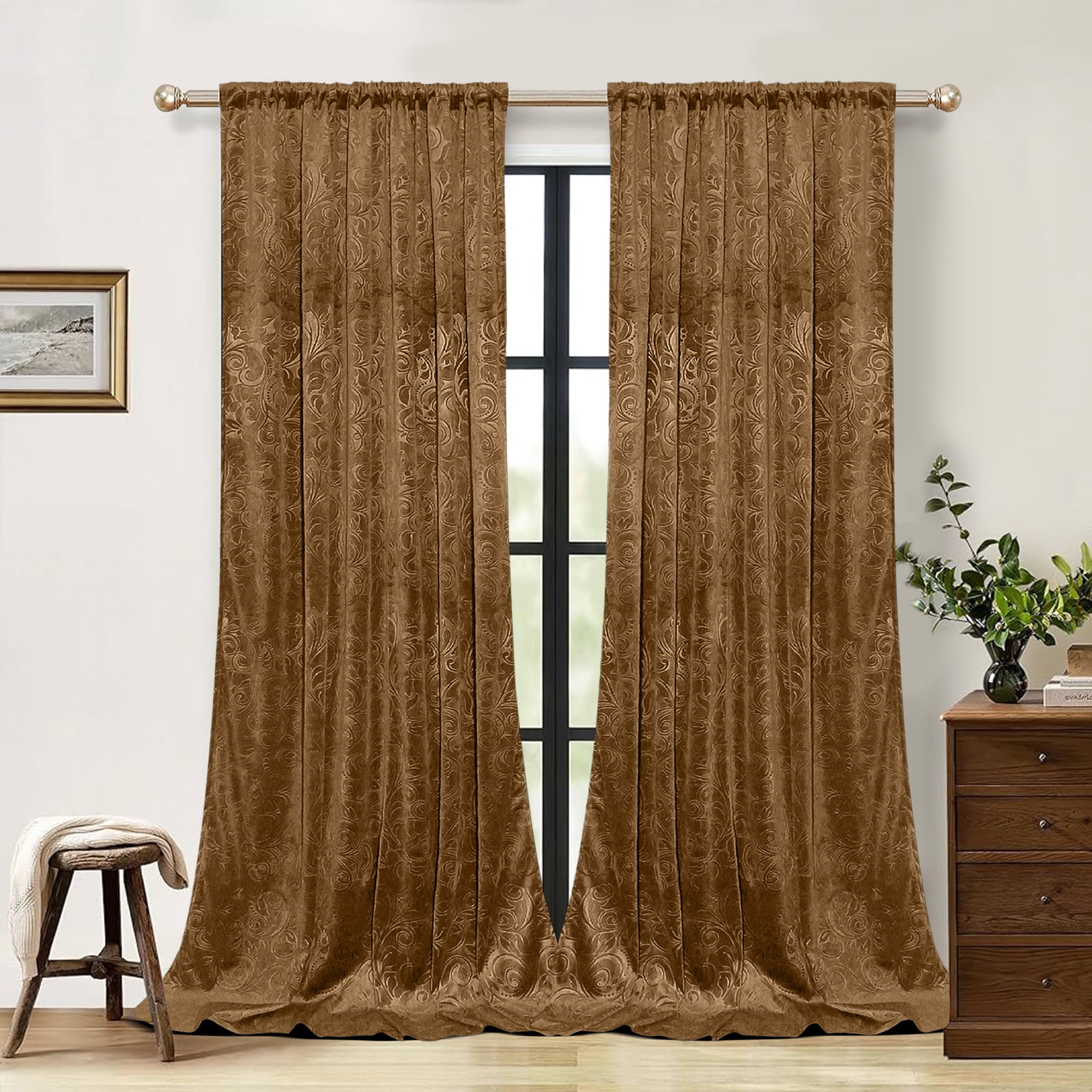 Lapalife Blackout Velvet Curtains, Scroll Floral Pattern Rod Pocket Thermal Insulated Velvet Curtain Drapes for Living Room, 2 Panels, 52"x 96", Golden Brown