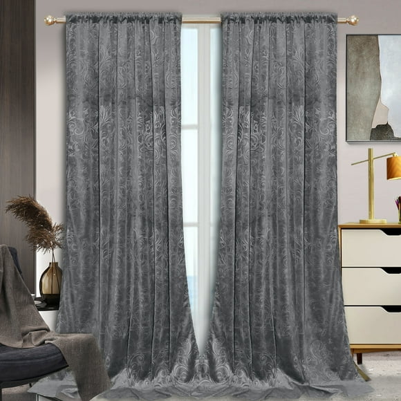 Lapa Life Floral Pattern Rod Pocket Thermal Insulated Velvet Curtain Drapes, Gray, 2 panel, 52"x 96"