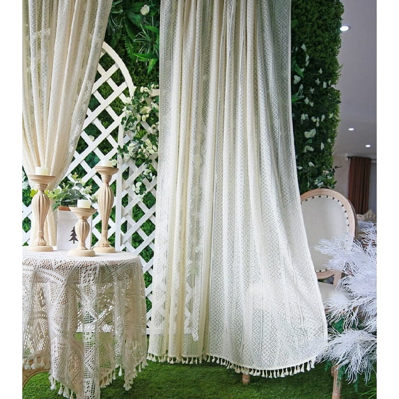 Lapalife Boho Curtains for Bedroom Windows Sheer Curtains Crochet Vintage Cotton Curtains Panels with Tassel for Bedroom,1Panel