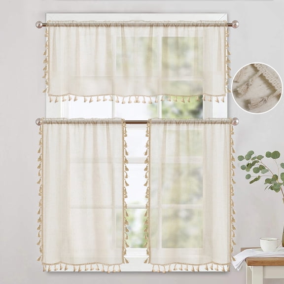 Lapalife Boho Tassel Curtain Valance for Kitchen Farmhouse Semi Sheer Curtain Tiers for Bathroom Rod Pocket Rustic Light Filtering Cafe Curtains for Home Decor, 55"x 18", 1 Panel