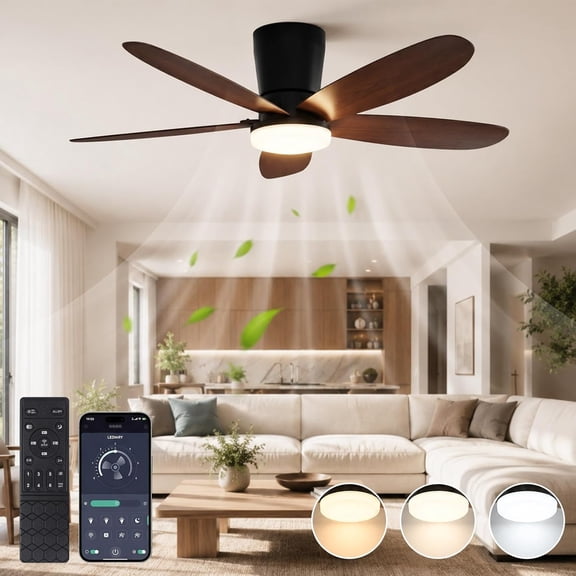 Laybasic Ceiling Fans with Lights and Remote/APP Control, 42 Inch Flush Mount Low Profile Ceiling Fan, Tool-Free Snap-In Blades, Noiseless 6-Speed Reversible for Bedroom Living Room Farmhouse