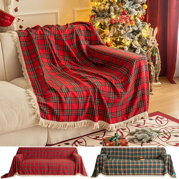 Lapalife Christmas Plaid Sofa Blanket Cover with Tassels, Rectangle Slipcover Sofa Blanket Soft Throw Sofa Cover for Home Xmas Party Decor