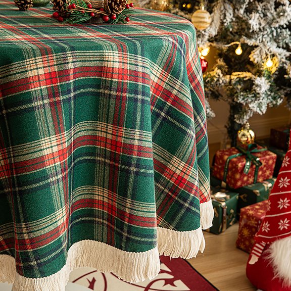 Lapalife Christmas Plaid Tablecloth with Tassels, Rectangle Round Checks Table Cover Furniture Protector for Home Party Xmas Decor, Red&Green, 59''x 59''