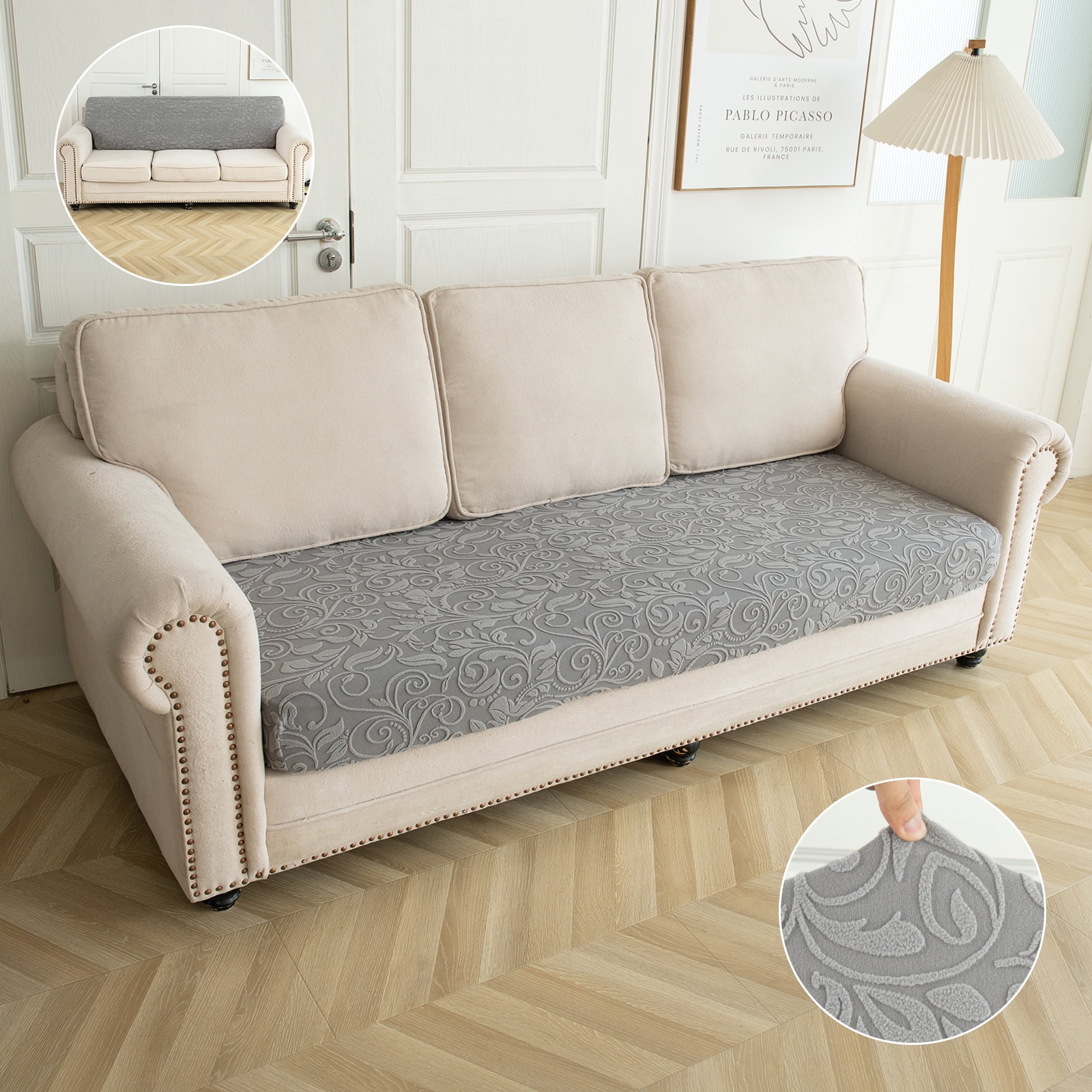 Lapalife Floral Jacquard Couch Cushion Cover, 1 Piece Sofa Cover Stretch Rectangle Sofa Seat Cover Furniture Protector with Elastic Bottom, 3 Seat