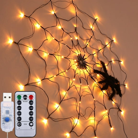 Lapalife Halloween Lights Spider Web Net Light LED Halloween Wall Light USB with Remote Waterproof for Party Yard Bar Home Halloween Decoration