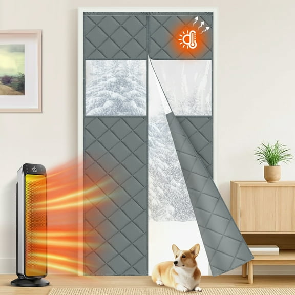Lapalife Magnetic Thermal Insulated Door Curtain with Perspective Window, Fits 35" x 82" Doors Waterproof Windproof Door Screen Insulation Cover to Keep Warm in Winter, Gray